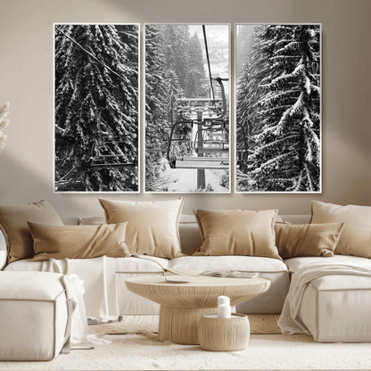 19240-MGV-CV-36X24-Ski Lift Wall Art – Black and White Winter Mountain Canvas Print, Snowy Forest Ski Resort Photography for Cabin, Lodge, Office or