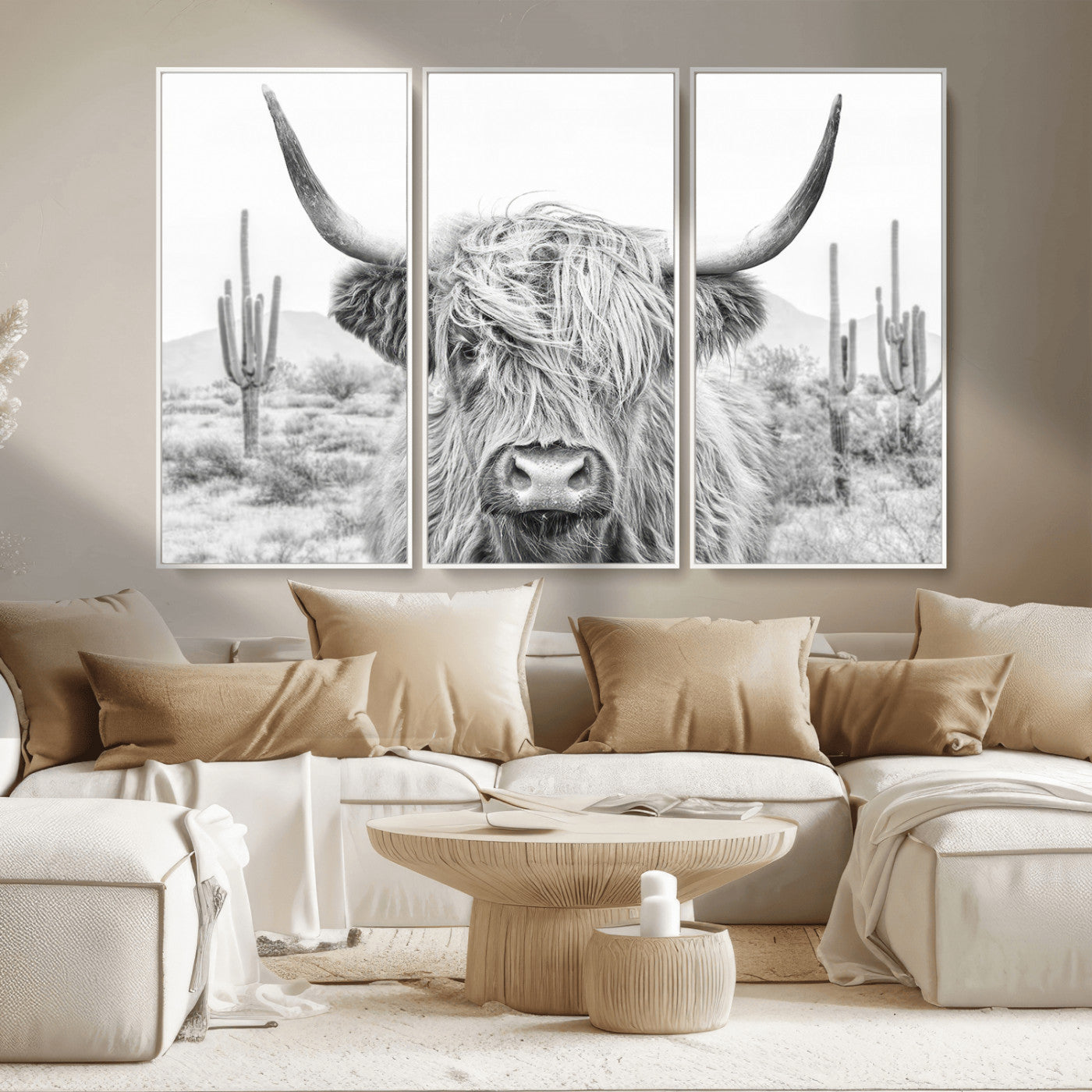 94579-MGV-CV-36X24-Highland Cow Wall Art – Black and White Longhorn Canvas Print, Rustic Western Farmhouse Animal Photography for Living Room,