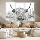 94579-MGV-CV-36X24-Highland Cow Wall Art – Black and White Longhorn Canvas Print, Rustic Western Farmhouse Animal Photography for Living Room,