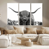 58188-MGV-CV-36X24-Highland Cow Wall Art – Black and White Rustic Farmhouse Canvas Print, Longhorn Cattle Photography Decor for Living Room or