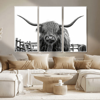58188-MGV-CV-36X24-Highland Cow Wall Art – Black and White Rustic Farmhouse Canvas Print, Longhorn Cattle Photography Decor for Living Room or
