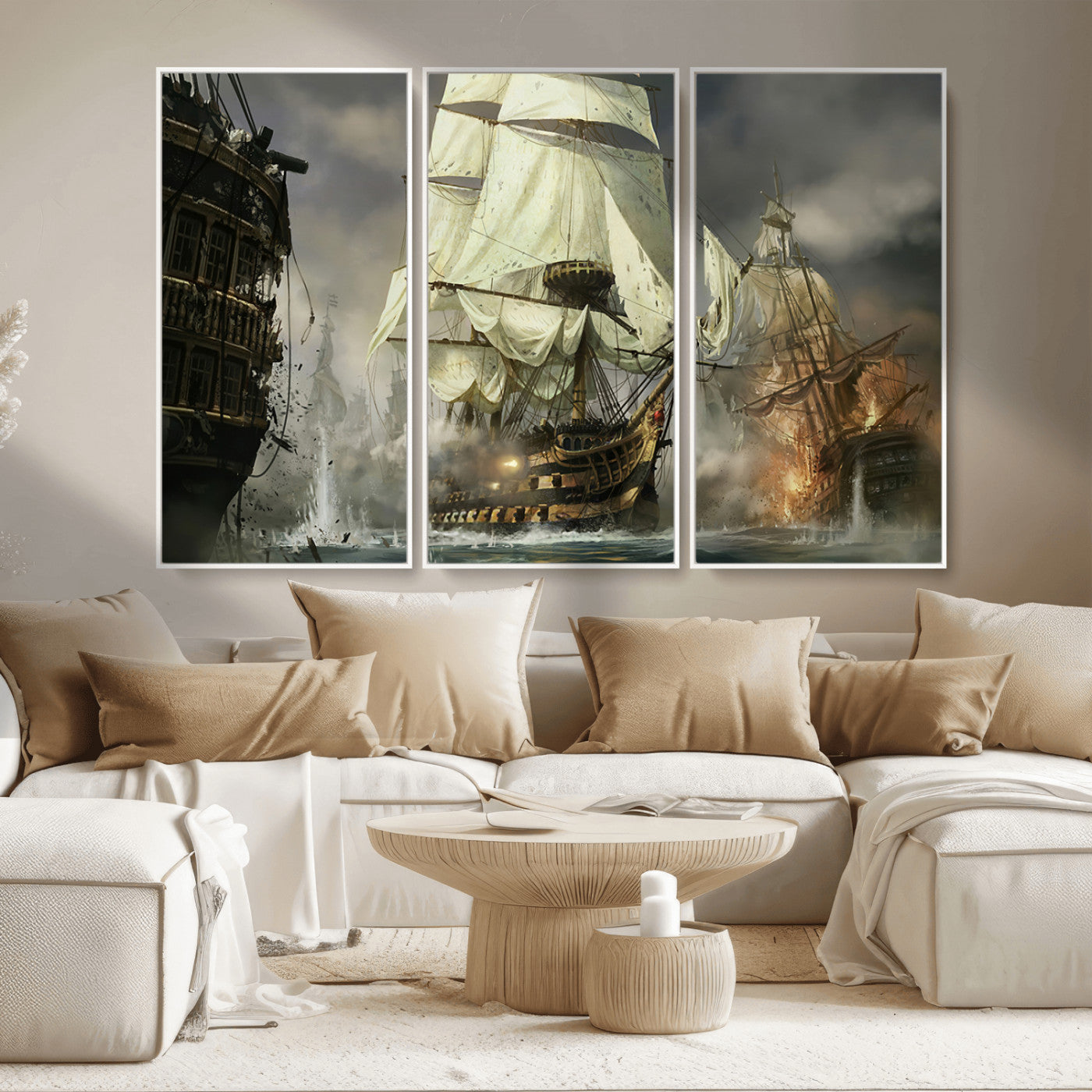 26512-MGV-CV-36X24-Naval Battle Wall Art – Dramatic Tall Ship Canvas Print, Historic Pirate Sailing War Scene, Nautical Decor for Office, Study or