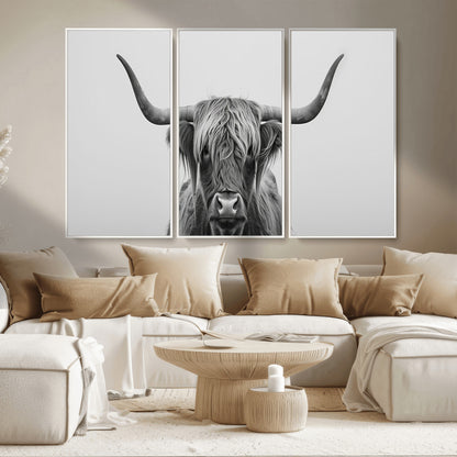 35820-MGV-CV-36X24-Minimalist Highland Cow Wall Art – Black and White Longhorn Cattle Canvas Print, Modern Farmhouse Animal Photography Decor for