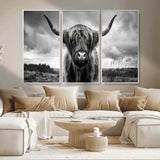 17924-MGV-CV-36X24-Highland Cow Wall Art – Black and White Rustic Longhorn Cattle Canvas Print, Farmhouse Animal Photography Decor for Country Home