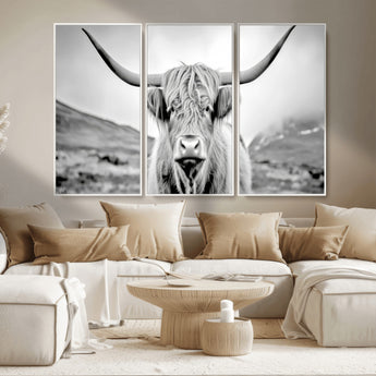 80564-MGV-CV-36X24-Highland Cow Wall Art – Black and White Scottish Highland Canvas Print, Rustic Farmhouse Decor for Living Room, Bedroom or Office