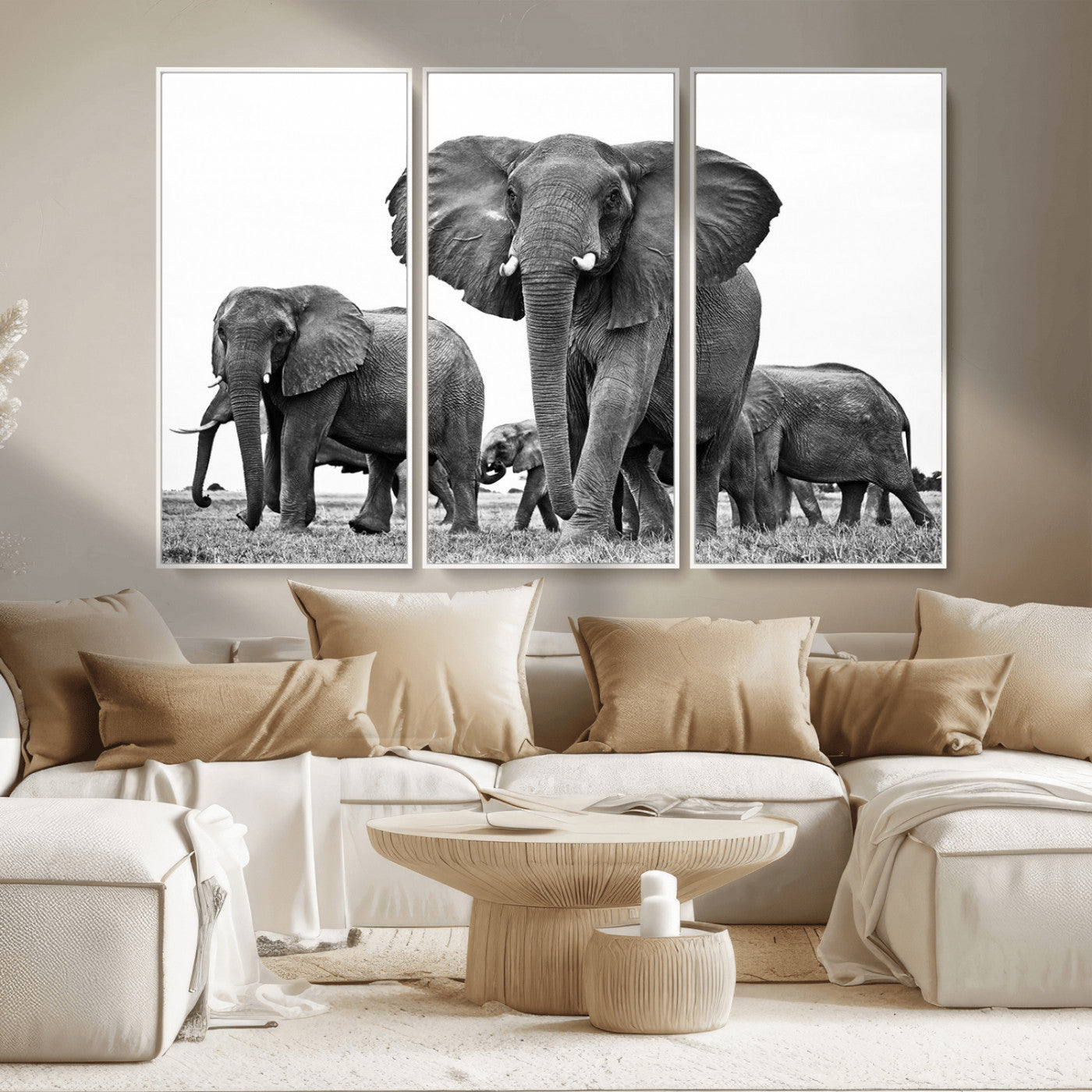 91685-MGV-FC-48X32-3P_White-Elephant Herd Wall Art – Black and White Safari Canvas Print, African Wildlife Photography Decor for Living Room, Office or