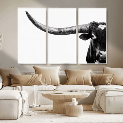31699-MGV-CV-36X24-Longhorn Wall Art – Black and White Texas Longhorn Cow Canvas Print, Rustic Western Farmhouse Artwork for Living Room, Bedroom or