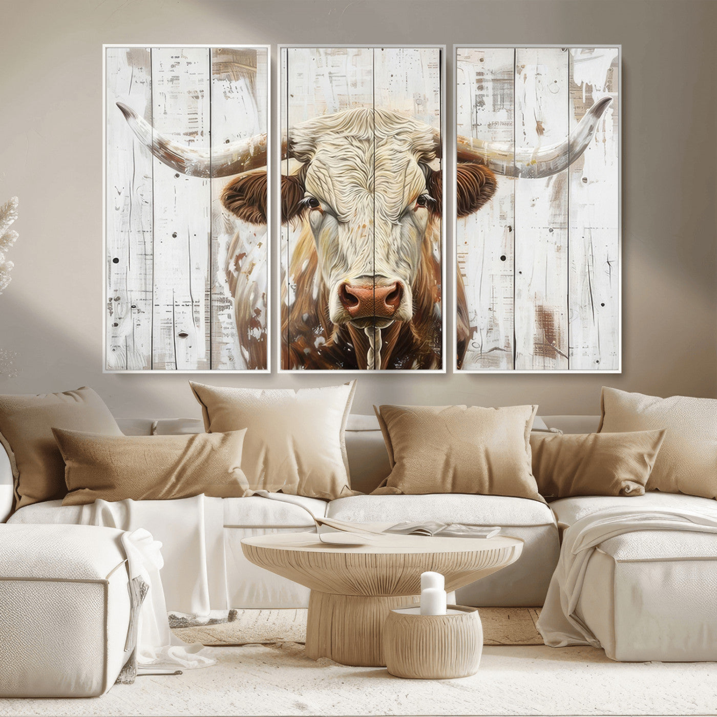 71551-MGV-CV-36X24-Longhorn Bull Wall Art – Rustic Western Cow Canvas Print, Farmhouse Animal Painting with Wood Plank Style for Living Room, Office
