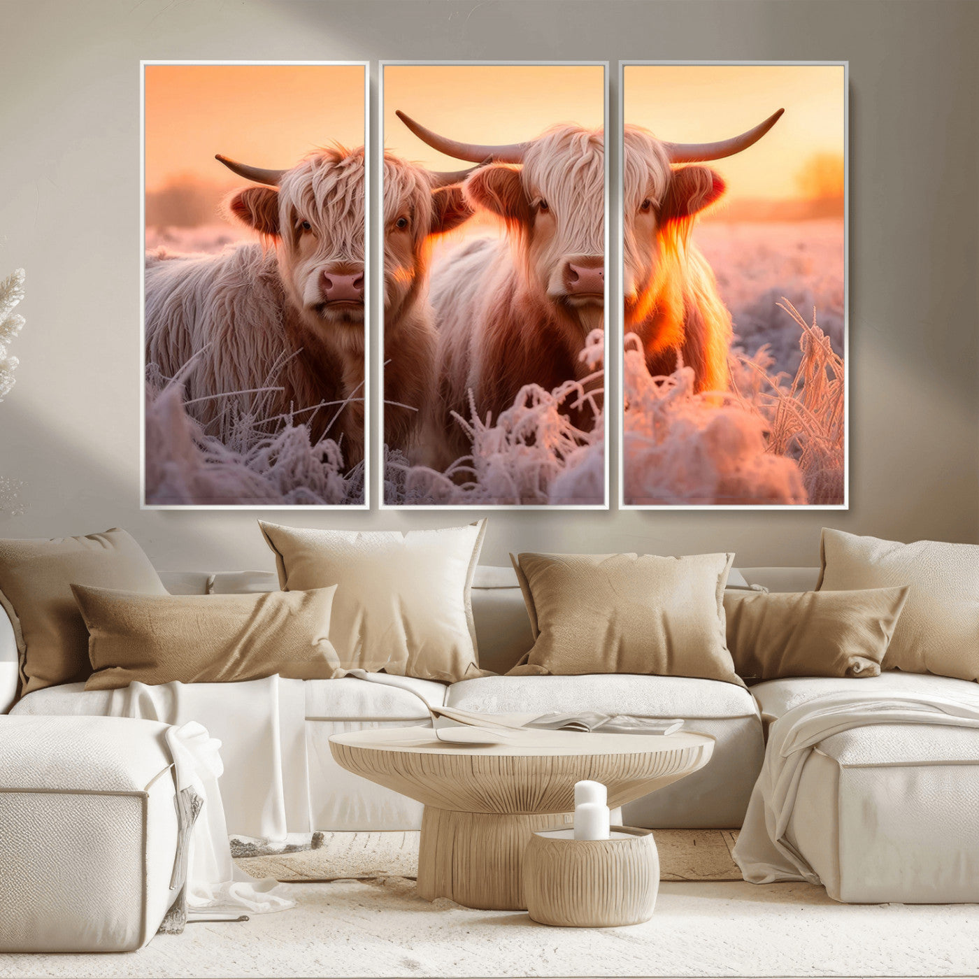 68253-MGV-CV-36X24-Highland Cow Wall Art – Rustic Farmhouse Cattle Canvas Print, Frosty Sunset Animal Artwork for Living Room, Bedroom or Country