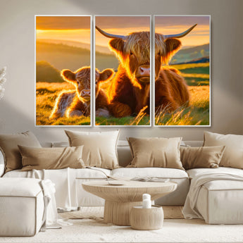 20567-MGV-CV-36X24-Highland Cow and Calf Wall Art – Rustic Farmhouse Sunset Cattle Canvas Print, Country Animal Artwork for Living Room, Bedroom, or