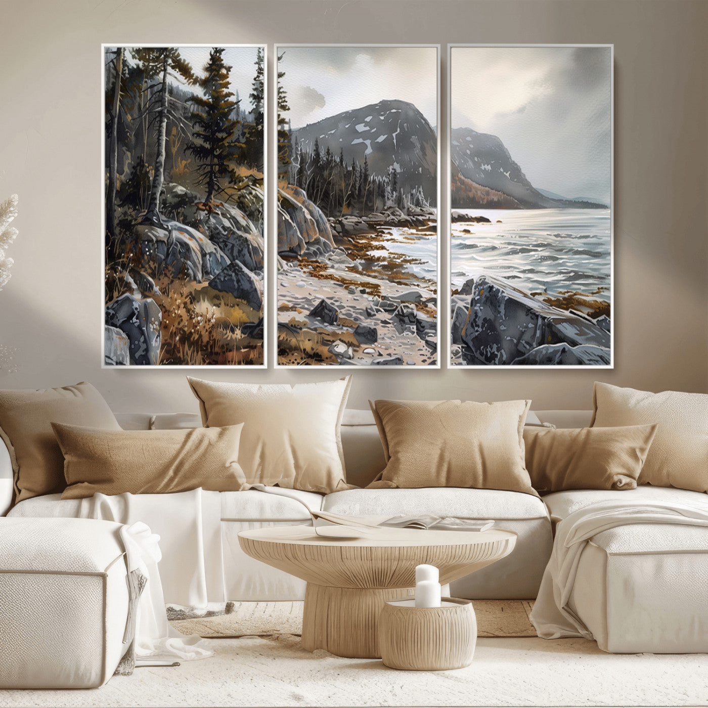 41281-MGV-CV-36X24-Rocky Shoreline Wall Art – Panoramic Mountain Coast and Forest Canvas Print, Rustic Nature Landscape Decor for Cabin, Lodge, or