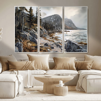 41281-MGV-CV-36X24-Rocky Shoreline Wall Art – Panoramic Mountain Coast and Forest Canvas Print, Rustic Nature Landscape Decor for Cabin, Lodge, or