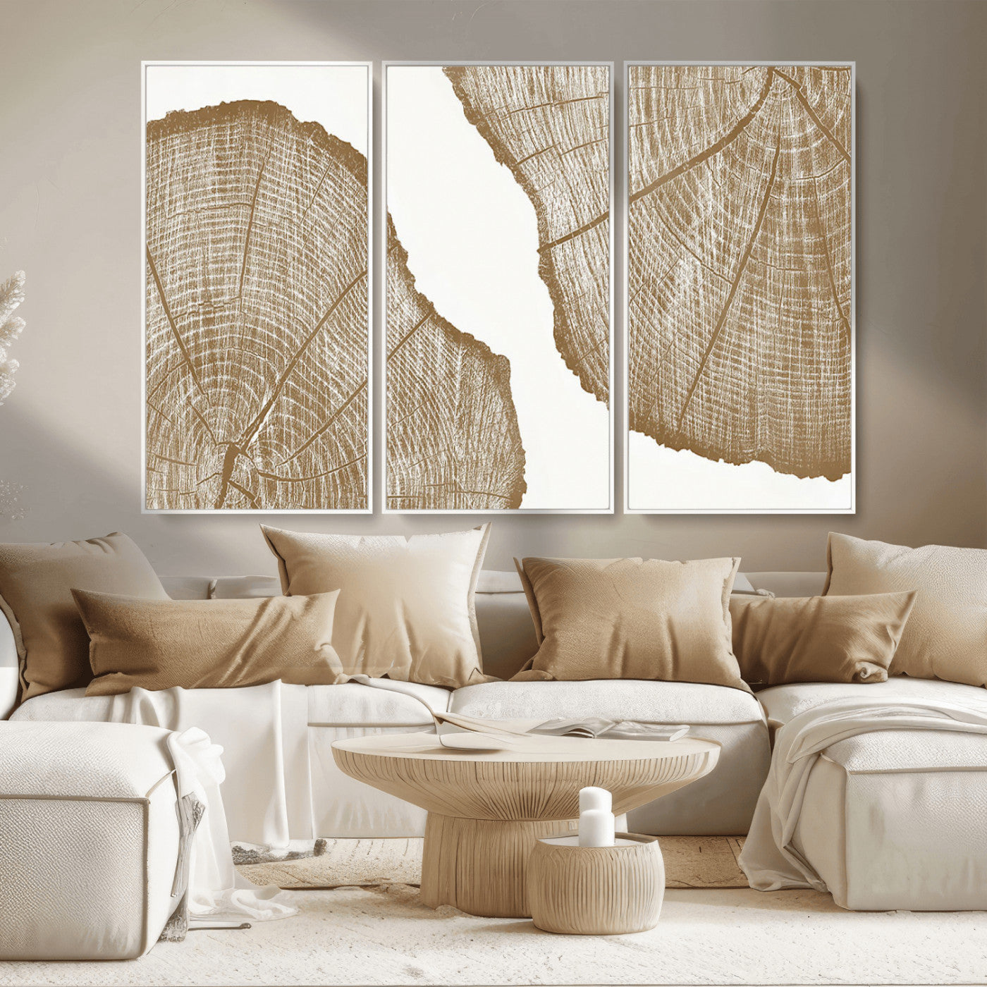 99692-MGV-FC-48X32-3P_White-Tree Ring Linocut Wall Art Canvas Print, Framed Wood Cut Art Picture Print, Tree Rings Perfect Minimalist Rustic Decor Artwork