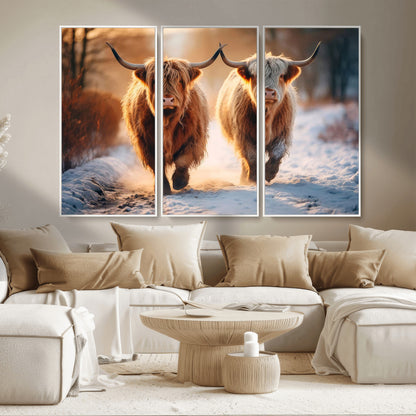 94810-MGV-CV-36X24-Highland Cow Wall Art – Rustic Canvas Print Two Cattle Snow Path Sunset, Farmhouse Country Decor for Living Room, Bedroom, Office,