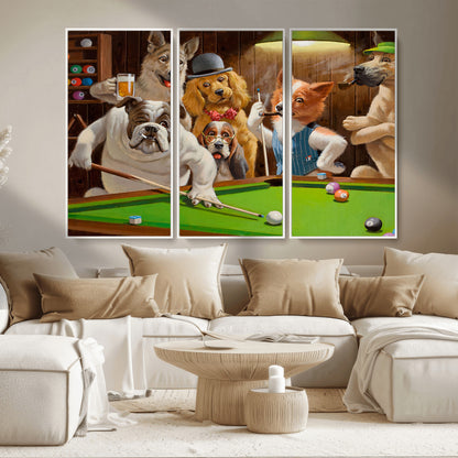 34228-MGV-CV-36X24-Dogs Playing Pool Wall Art Canvas Print, Framed Funny Dog Art Picture Print, Dog Perfect Game Room Decor Artwork