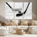 82900-MGV-CV-36X24-Hockey Wall Art – Black and White Canvas Print Ice Rink Sticks Puck Sports Photography, Modern Decor for Game Room, Man Cave,