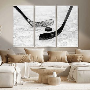 82900-MGV-CV-36X24-Hockey Wall Art – Black and White Canvas Print Ice Rink Sticks Puck Sports Photography, Modern Decor for Game Room, Man Cave,