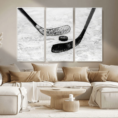 82900-MGV-CV-36X24-Hockey Wall Art – Black and White Canvas Print Ice Rink Sticks Puck Sports Photography, Modern Decor for Game Room, Man Cave,