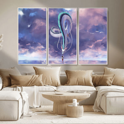 66864-MGV-CV-36X24-Fantasy Dragon Wall Art – Mystical Canvas Print Girl and Sky Serpent Dreamlike Clouds, Magical Anime Inspired Decor for Living