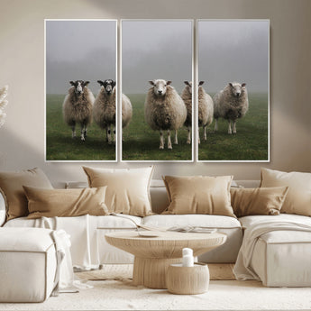 87339-MGV-CV-36X24-Sheep Wall Art – Rustic Farmhouse Canvas Print Flock Standing Misty Field Countryside Photography, Country Animal Decor for Living