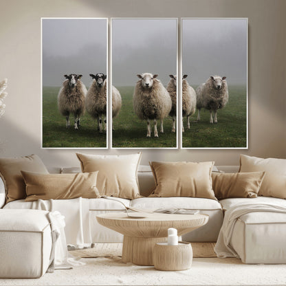 87339-MGV-CV-36X24-Sheep Wall Art – Rustic Farmhouse Canvas Print Flock Standing Misty Field Countryside Photography, Country Animal Decor for Living