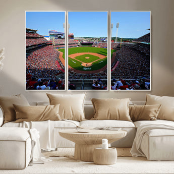90998-MGV-CV-36X24-Baseball Stadium Wall Art – Canvas Print Day Game Field Packed Crowd Bright Blue Sky Sports Photography, Classic Decor for Game