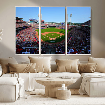 90998-MGV-CV-36X24-Baseball Stadium Wall Art – Canvas Print Day Game Field Packed Crowd Bright Blue Sky Sports Photography, Classic Decor for Game