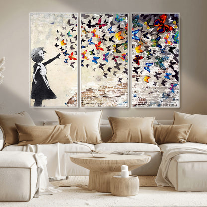 97895-MGV-CV-36X24-Girl with Butterflies Wall Art – Colorful Street Art Style Canvas Print, Modern Graffiti-Inspired Butterfly Artwork for Living