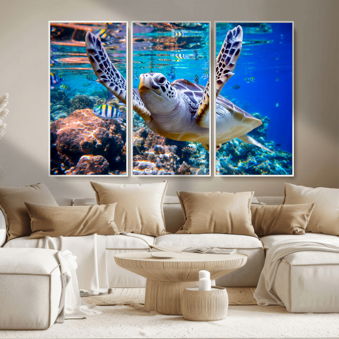 12683-MGV-CV-36X24-Sea Turtle Wall Art – Graceful Ocean Canvas Print with Coral Reef and Tropical Fish, Coastal Marine Life Decor for Beach House,