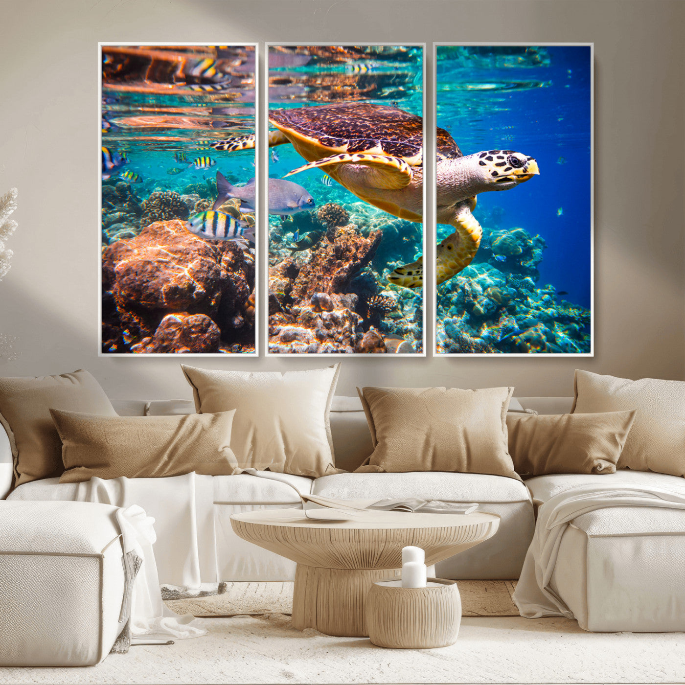 66614-MGV-CV-36X24-Sea Turtle Wall Art – Hawksbill Turtle Swimming Over Coral Reef Canvas Print, Ocean Marine Life Decor for Beach House, Coastal