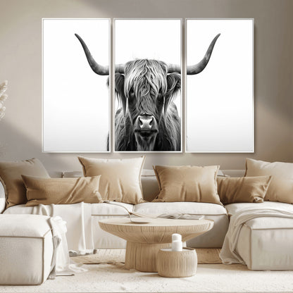 49556-MGV-CV-36X24-Highland Cow Wall Art – Black and White Scottish Highland Cattle Print, Rustic Farmhouse Minimalist Animal Portrait Canvas for
