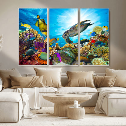 44772-MGV-CV-36X24-Underwater Sea Turtle Wall Art – Vibrant Coral Reef and Tropical Fish Canvas Print, Ocean Marine Life Decor for Living Room,
