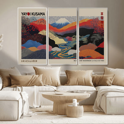 49228-MGV-FC-93X47-3P_Black-Kusama Wall Art – Vibrant Japanese Landscape Canvas Print, Modern Abstract Mountain and River Decor for Living Room, Office or Art