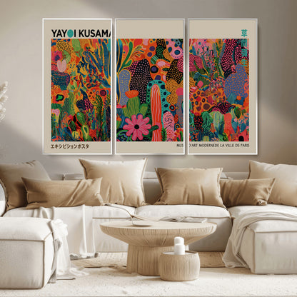 40791-MGV-FC-48X32-3P_White-Kusama Inspired Wall Art – Vibrant Abstract Floral Jungle Canvas Print, Bold Pop Art Botanical Decor for Living Room, Bedroom, or