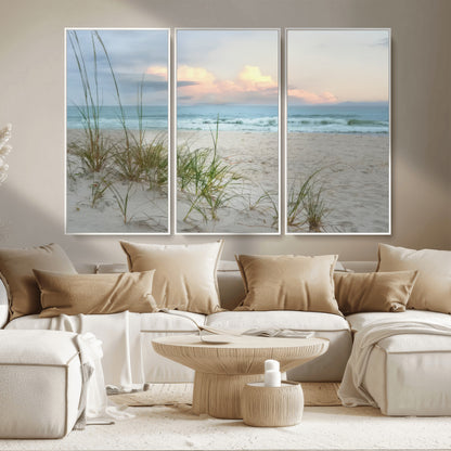 Test1001-MGV-CV-36X24-Coastal Beach Wall Art – Panoramic Ocean Waves and Sandy Dunes Canvas Print, Serene Seascape with Sea Oats for Relaxing Home or