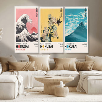 Katsushika-MGV-CV-36X24-Katsushika Hokusai Wall Art Set – The Great Wave, Hydrangea and Swallow, Fine Wind Canvas Prints, Japanese Ukiyo e Style Home and