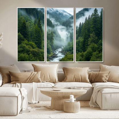 69453-MGV-CV-36X24-Mountain Forest Wall Art – Misty River and Evergreen Landscape Canvas Print, Nature Photography Poster for Living Room, Bedroom,