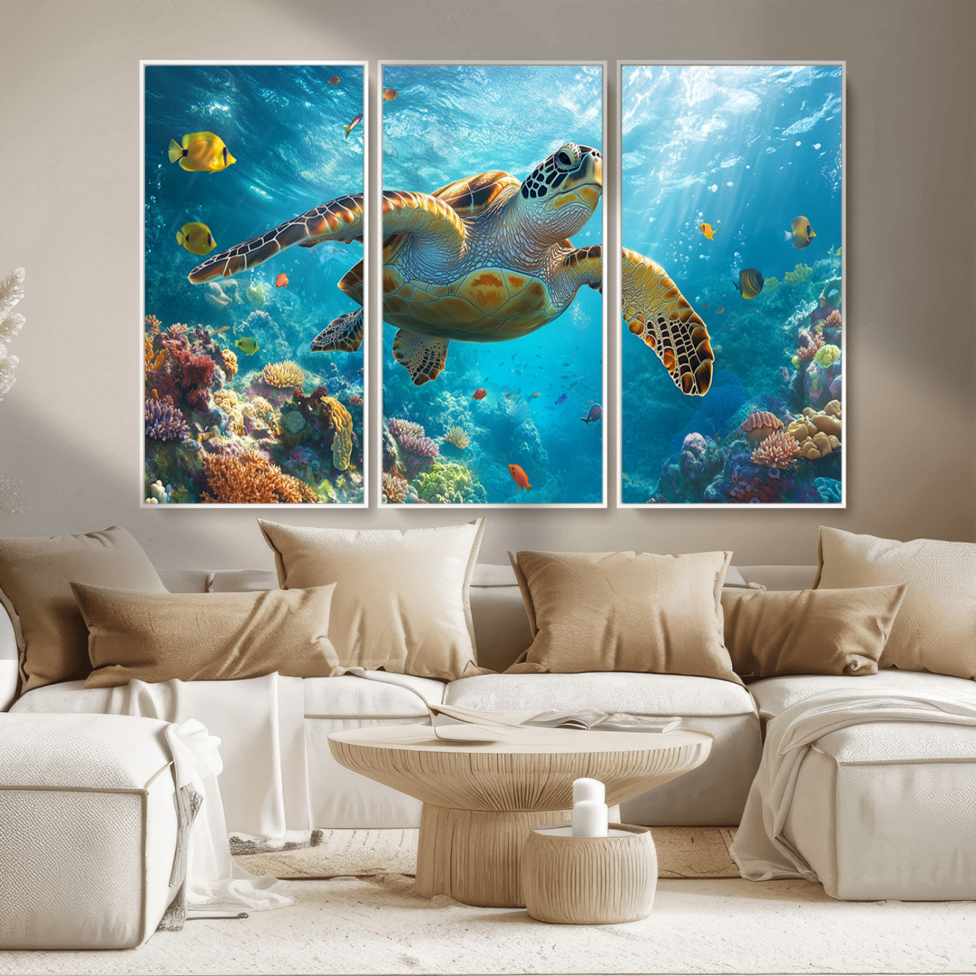37623-MGV-FC-48X32-3P_White-Sea Turtle Wall Art – Underwater Ocean Canvas Print with Coral Reef and Tropical Fish, Marine Life Painting Poster for Living