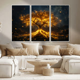 60194-MGV-CV-36X24-Glowing Tree Wall Art – Golden Roots Fantasy Canvas Print, Mystical Illuminated Tree Painting Poster for Living Room, Bedroom,