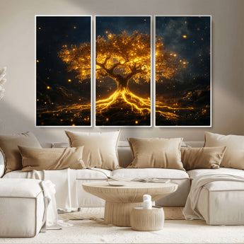 60194-MGV-CV-36X24-Glowing Tree Wall Art – Golden Roots Fantasy Canvas Print, Mystical Illuminated Tree Painting Poster for Living Room, Bedroom,
