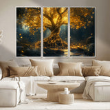 92739-MGV-CV-36X24-Glowing Tree Wall Art – Enchanted Golden Forest Canvas Print, Mystical Illuminated Nature Painting Poster for Living Room,