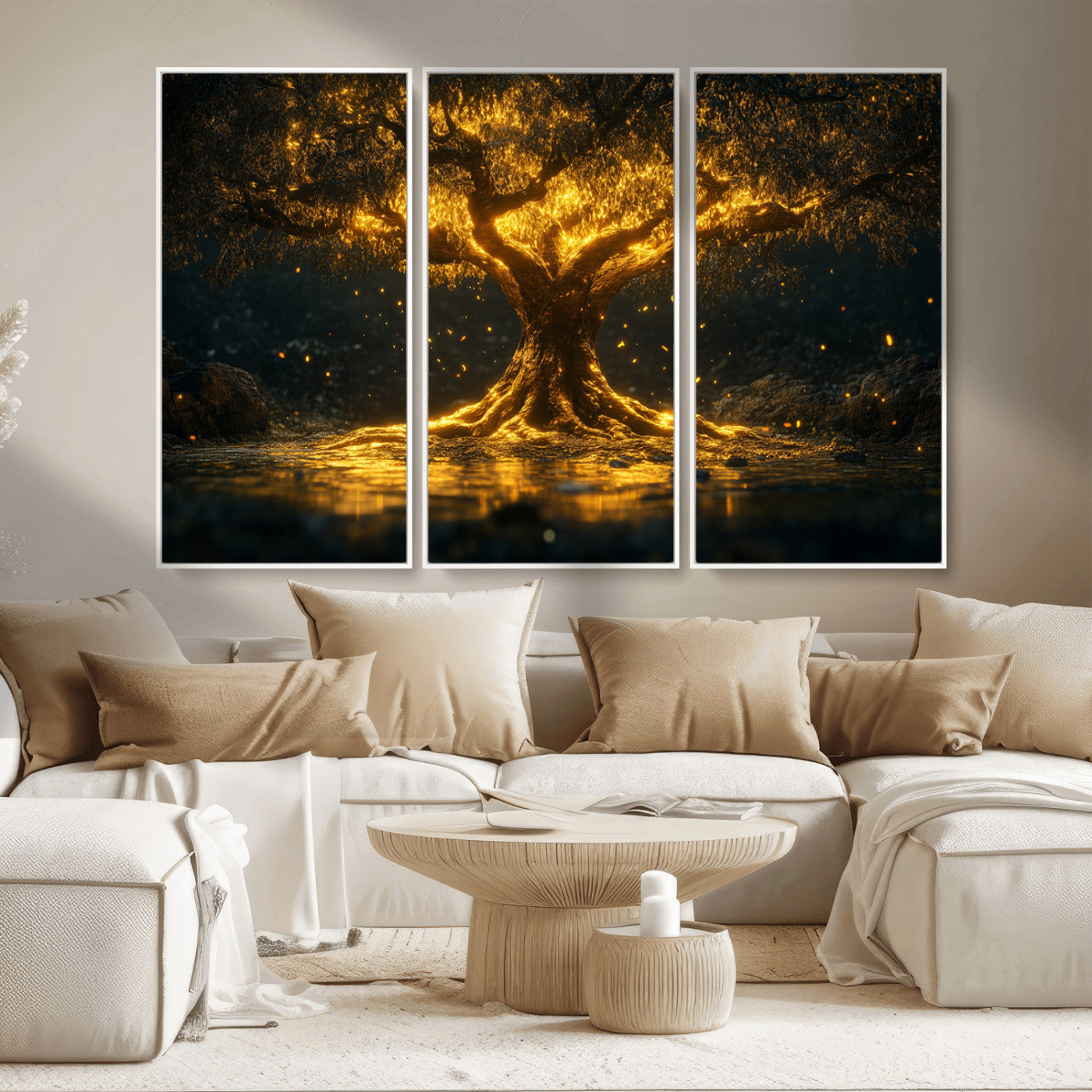 59580-MGV-CV-36X24-Glowing Tree Wall Art – Golden Fantasy Nature Canvas Print, Mystical Illuminated Tree Painting Poster for Living Room, Bedroom,