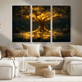 59580-MGV-CV-36X24-Glowing Tree Wall Art – Golden Fantasy Nature Canvas Print, Mystical Illuminated Tree Painting Poster for Living Room, Bedroom,