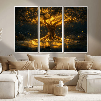 59580-MGV-CV-36X24-Glowing Tree Wall Art – Golden Fantasy Nature Canvas Print, Mystical Illuminated Tree Painting Poster for Living Room, Bedroom,
