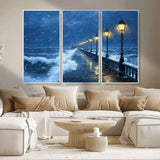 32668-MGV-CV-36X24-Stormy Pier Wall Art – Ocean Waves and Street Lamps Canvas Print, Rainy Night Seascape Oil Painting Poster for Living Room,