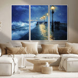 76572-MGV-CV-36X24-Stormy Night Pier Wall Art – Ocean Waves and Street Lamps Canvas Print, Rainy Seascape Oil Painting Poster for Living Room,