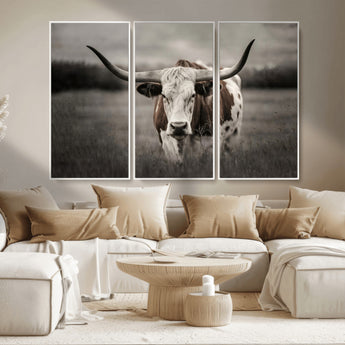 69238-MGV-CV-36X24-Longhorn Bull Wall Art – Rustic Black and White Texas Cattle Canvas Print, Western Farmhouse Animal Photography for Living Room,
