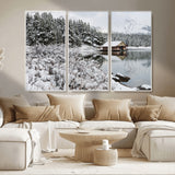 94285-MGV-CV-36X24-Snowy Cabin Wall Art Canvas Print, Framed Winter Cabin Art Picture Print, Mountain Lake Perfect Snowy Nature Decor Artwork