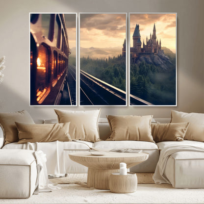 84029-MGV-CV-36X24-Fantasy Castle Wall Art – Magical Train Sunset Forest Canvas Print, Enchanted Landscape Painting Poster for Living Room, Bedroom,