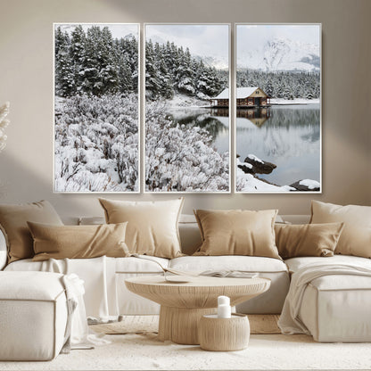 29975-MGV-CV-36X24-Winter Cabin by the Lake Wall Art – Snowy Mountain Landscape Canvas Print, Rustic Lodge Cabin Decor for Cozy Living Room, Bedroom